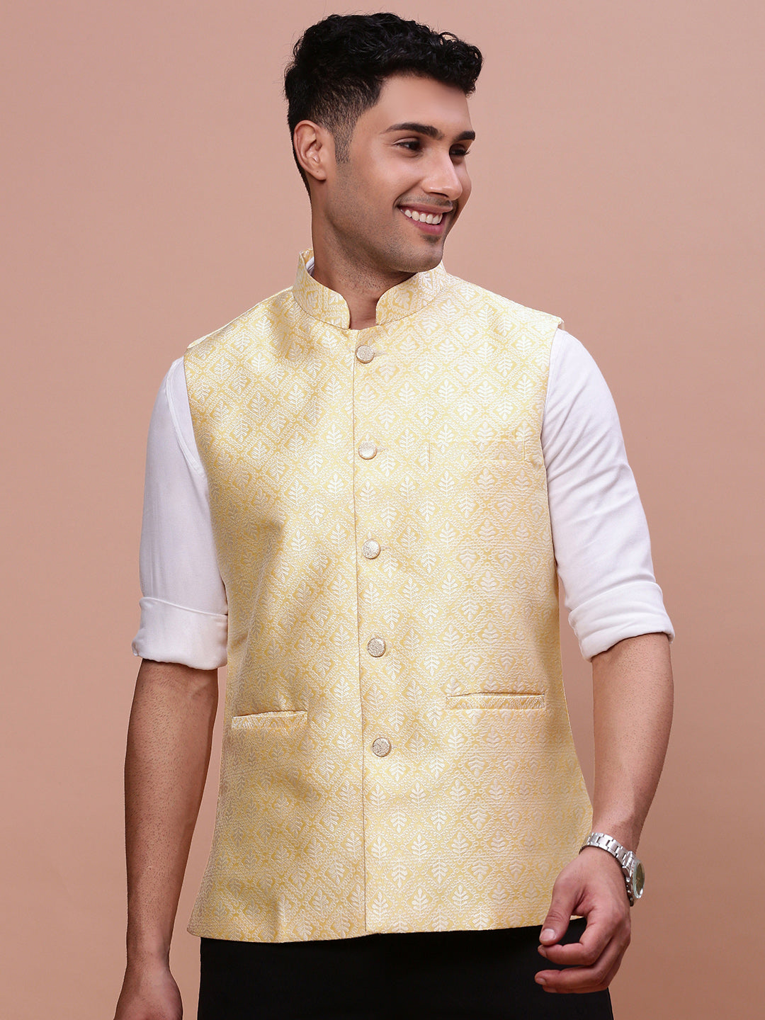 Men Woven Design Yellow Slim Fit Nehru Jacket