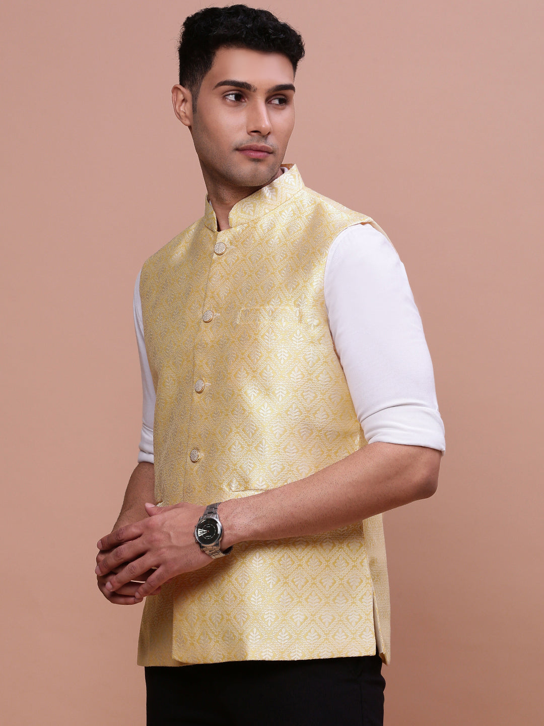 Men Woven Design Yellow Slim Fit Nehru Jacket