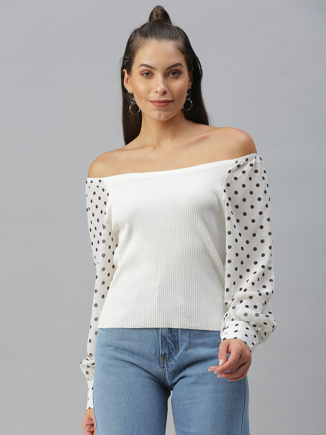 Women Off-Shoulder Solid Off White Fitted Top