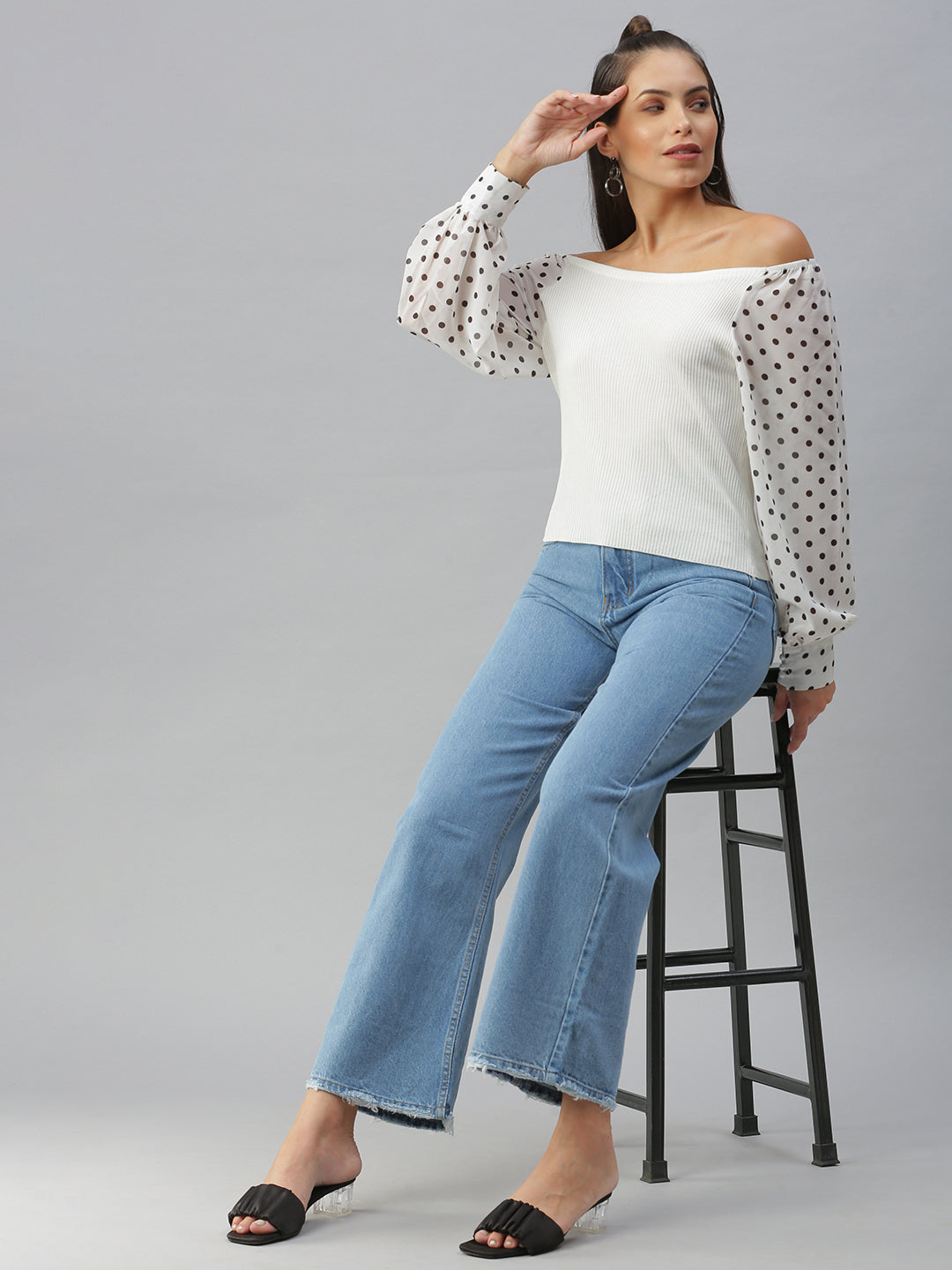 Women Off-Shoulder Solid Off White Fitted Top