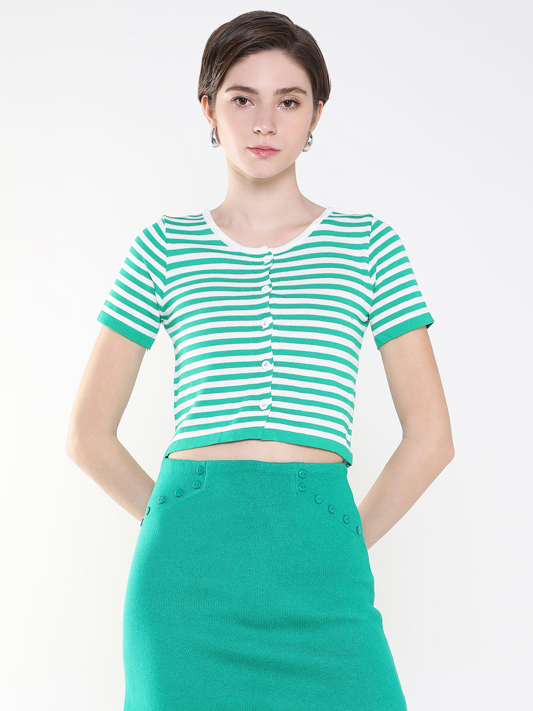 Women Striped Green Fitted Top