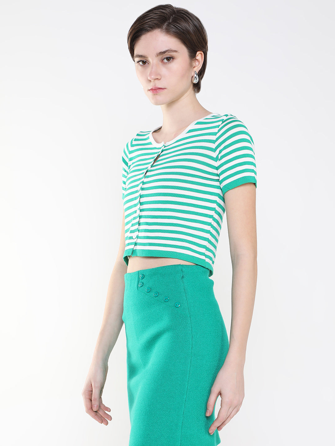 Women Striped Green Fitted Top