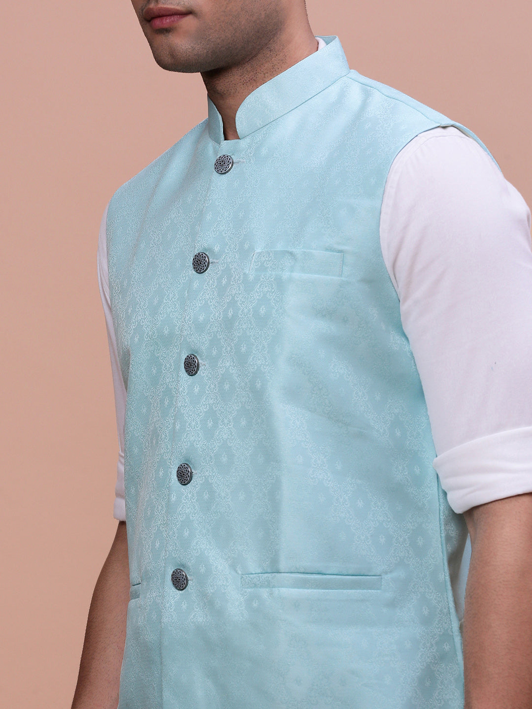 Men Woven Design Blue Slim Fit Nehru Jacket