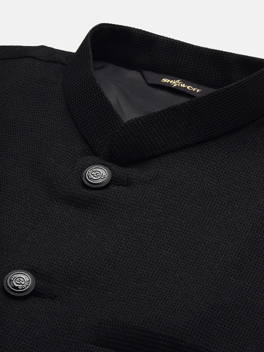 Men Woven Design Black Slim Fit Nehru Jacket