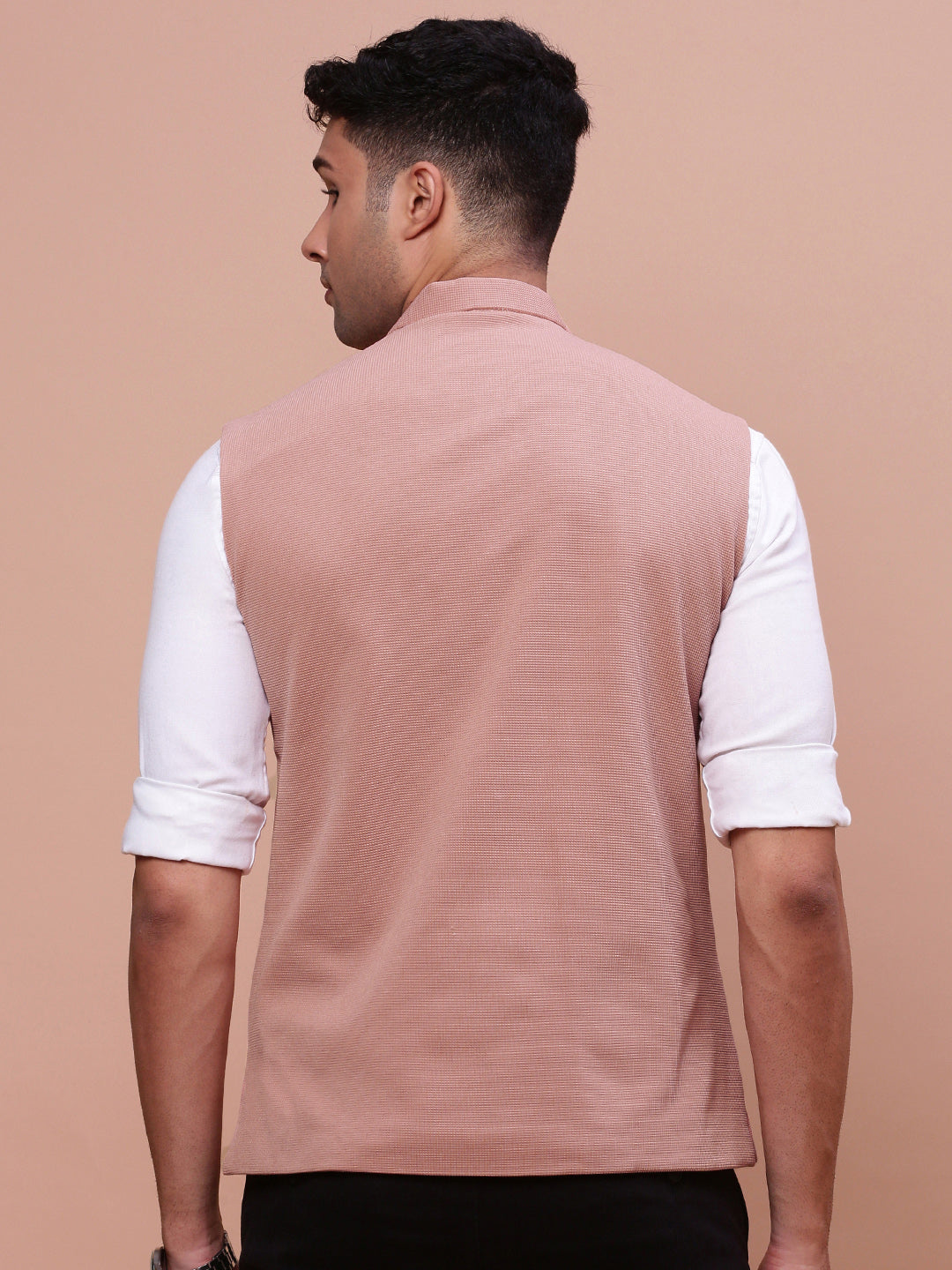 Men Woven Design Peach Slim Fit Nehru Jacket