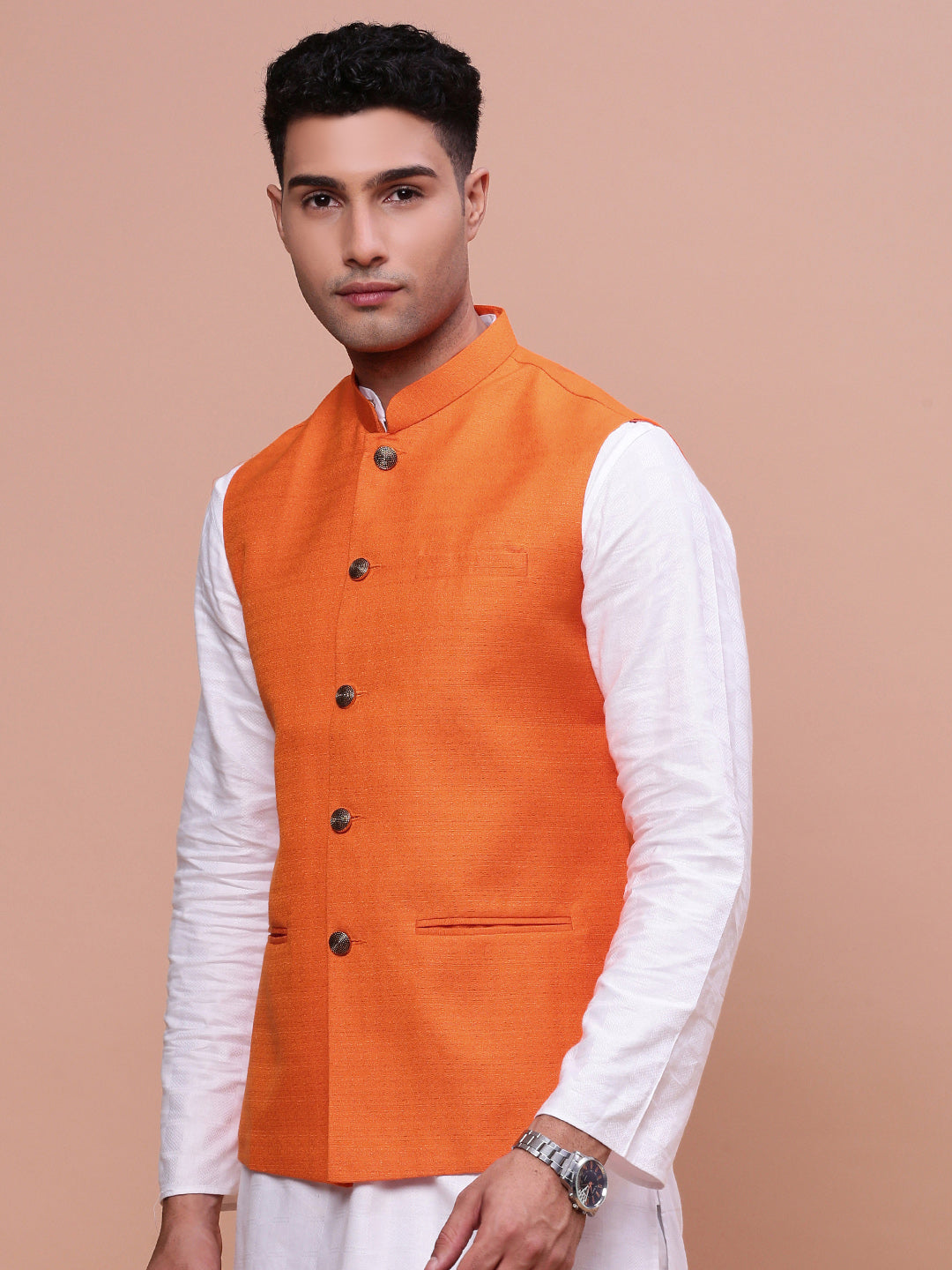 Men Solid Orange Slim Fit Nehru Jacket
