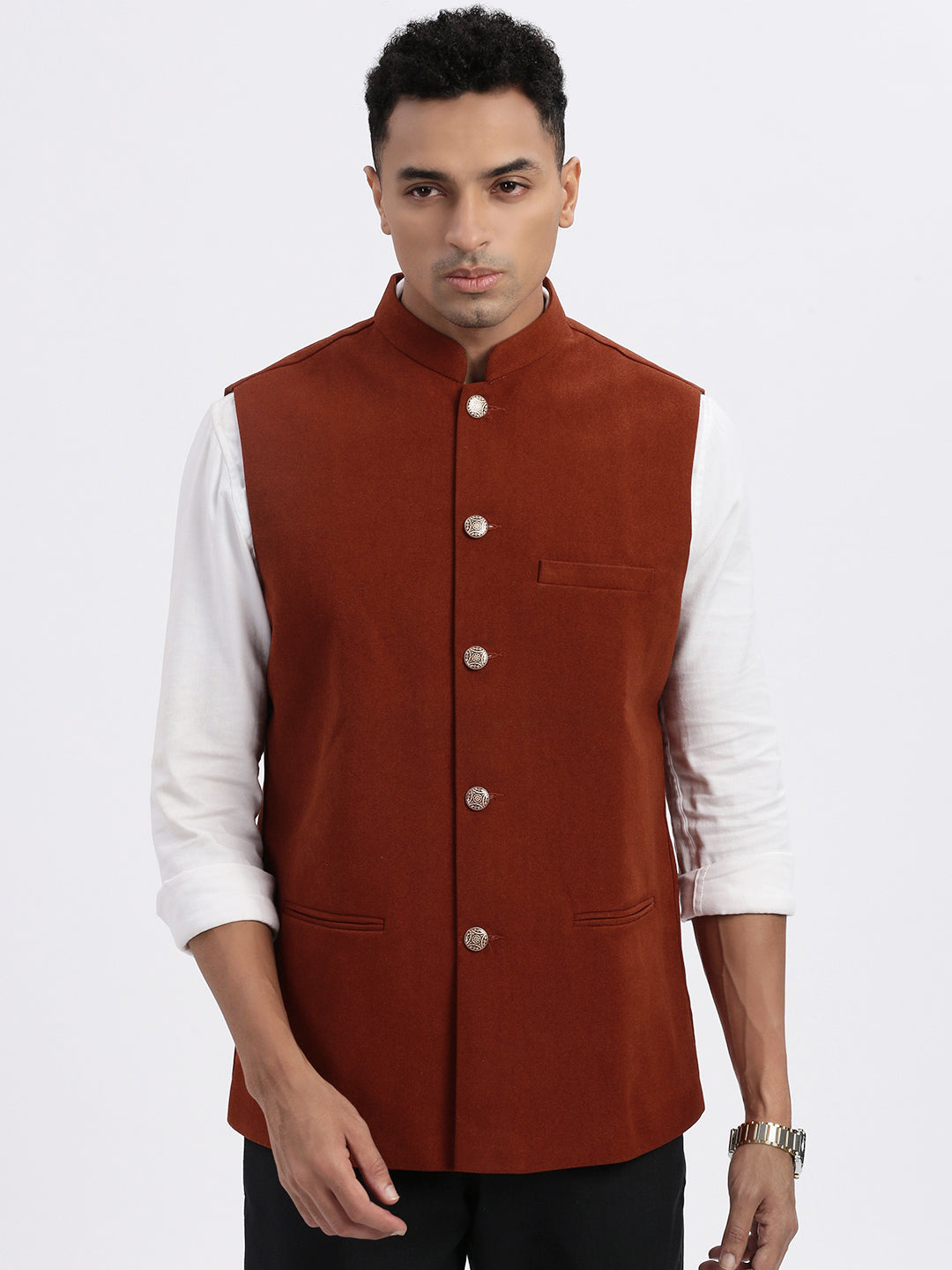 Men Brown Solid Nehru Jacket