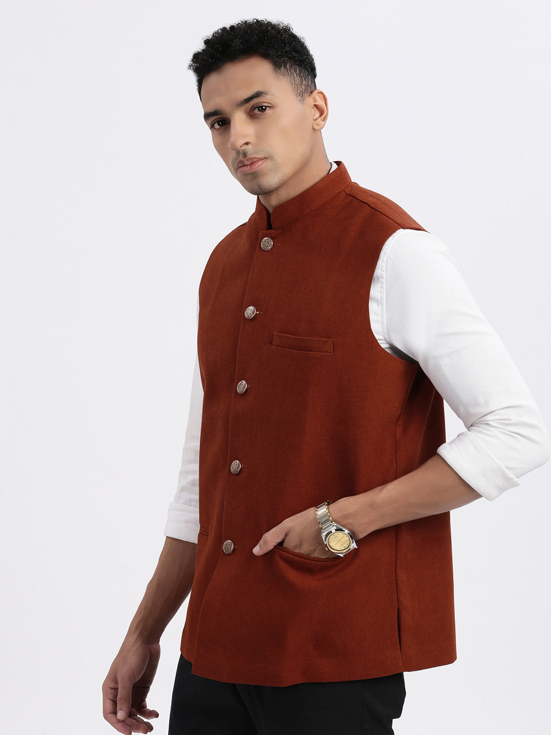 Men Brown Solid Nehru Jacket