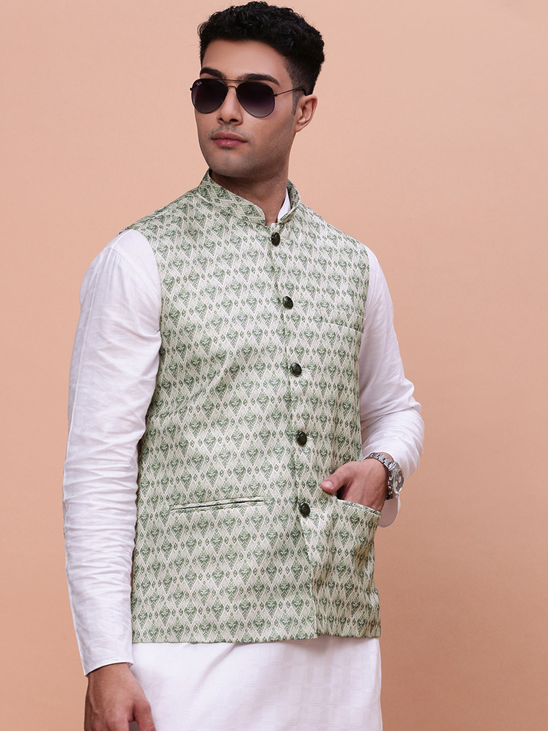 Men Woven Design Green Slim Fit Nehru Jacket