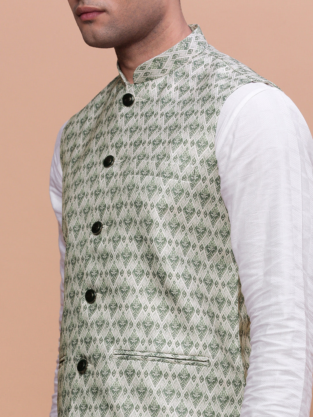 Men Woven Design Green Slim Fit Nehru Jacket