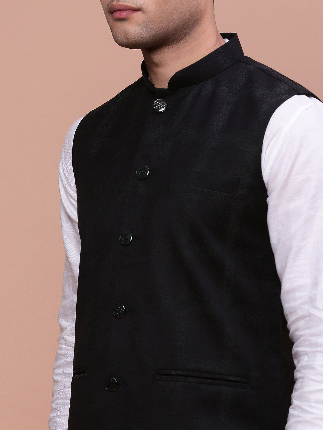 Men Printed Black Slim Fit Nehru Jacket
