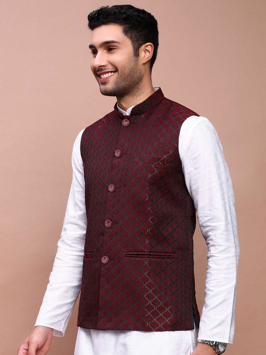 Men Woven Design Maroon Slim Fit Nehru Jacket