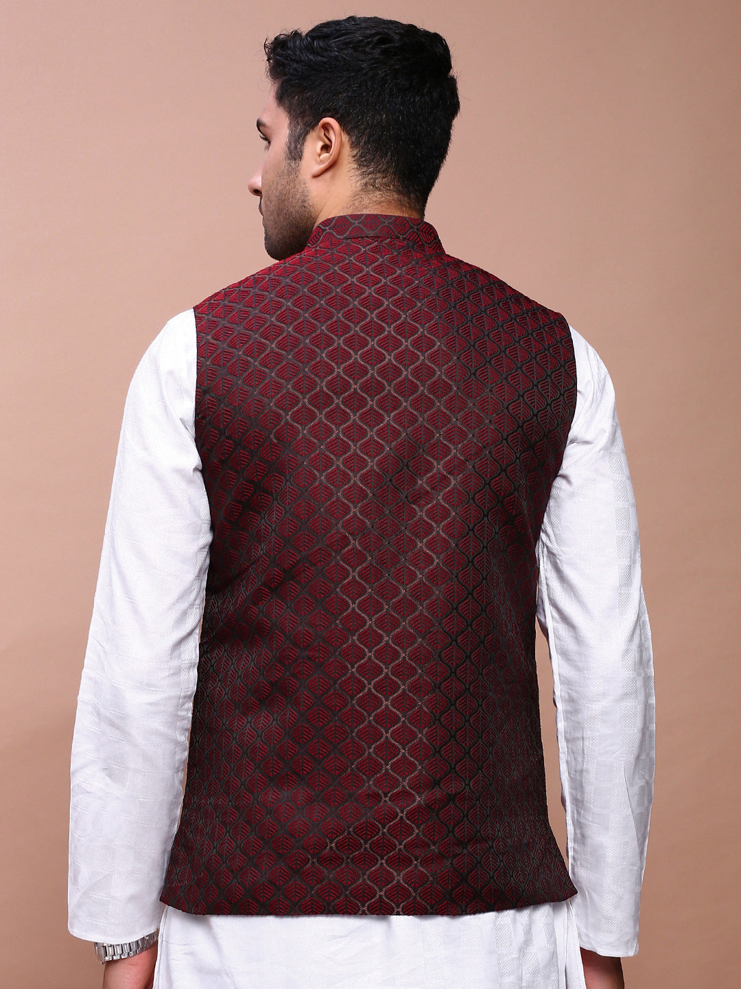 Men Woven Design Maroon Slim Fit Nehru Jacket