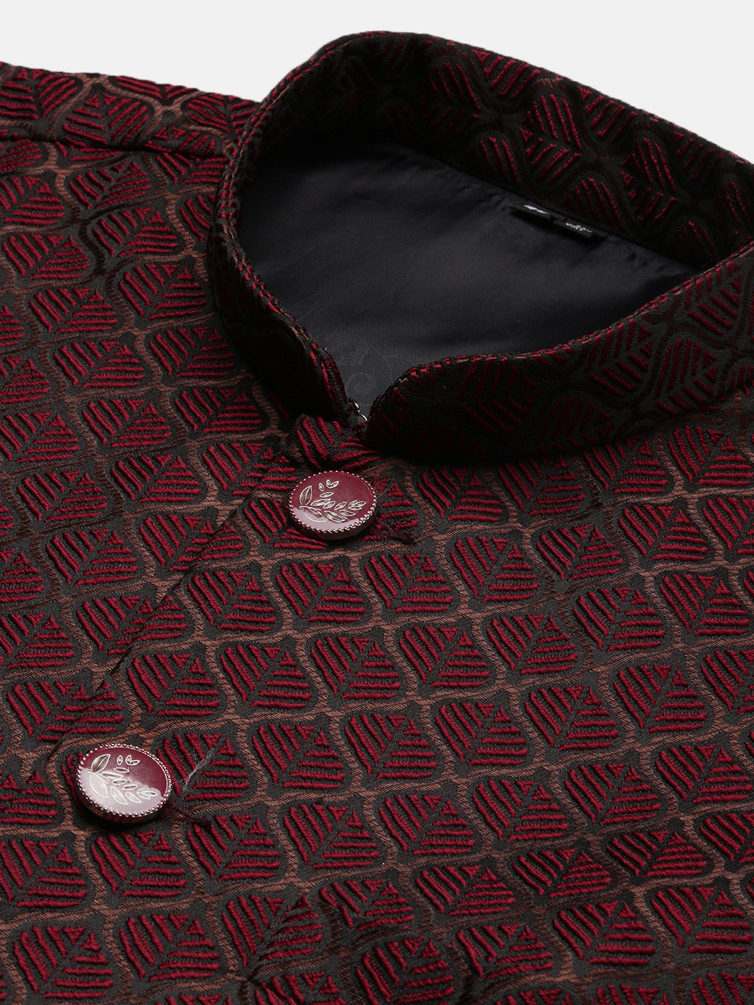 Men Woven Design Maroon Slim Fit Nehru Jacket