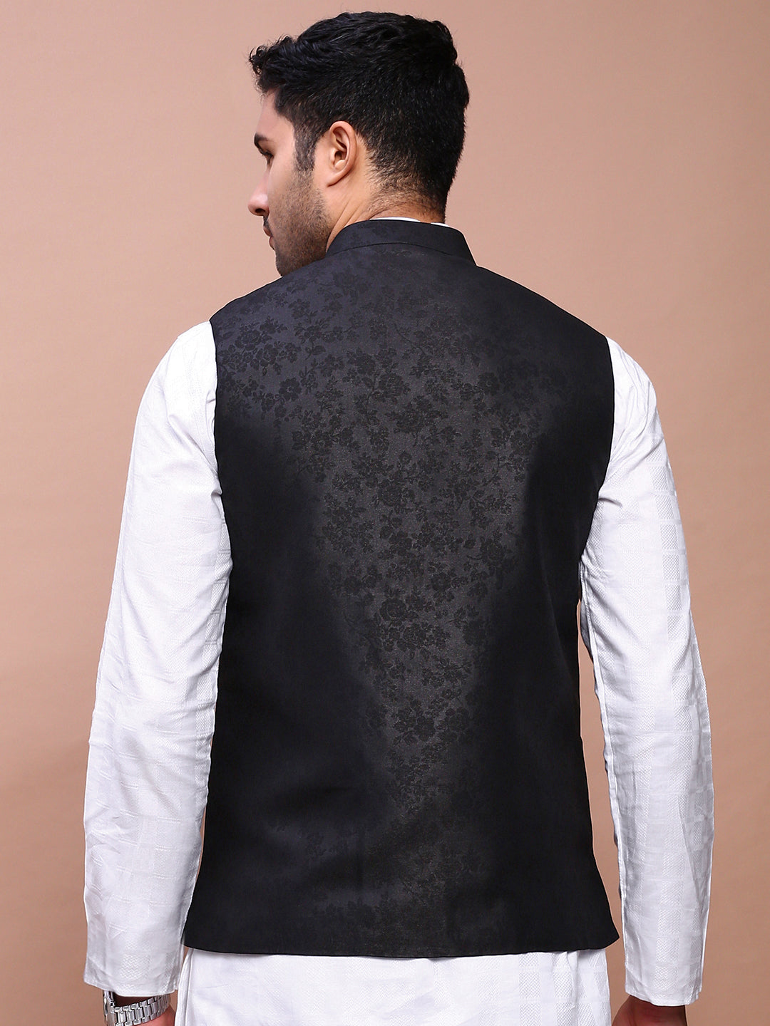 Men Woven Design Black Slim Fit Nehru Jacket