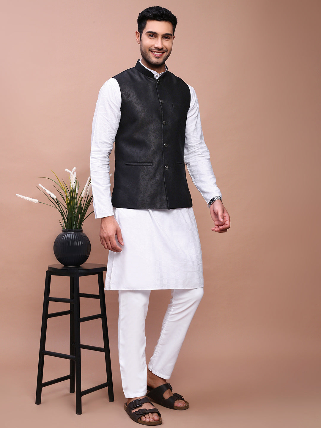 Men Woven Design Black Slim Fit Nehru Jacket