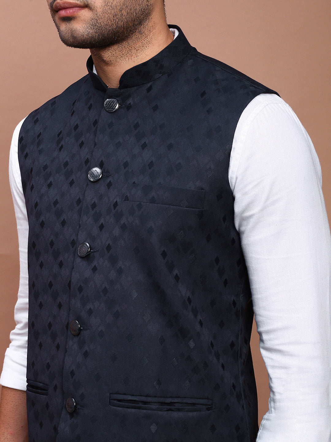 Men Woven Design Navy Blue Slim Fit Nehru Jacket