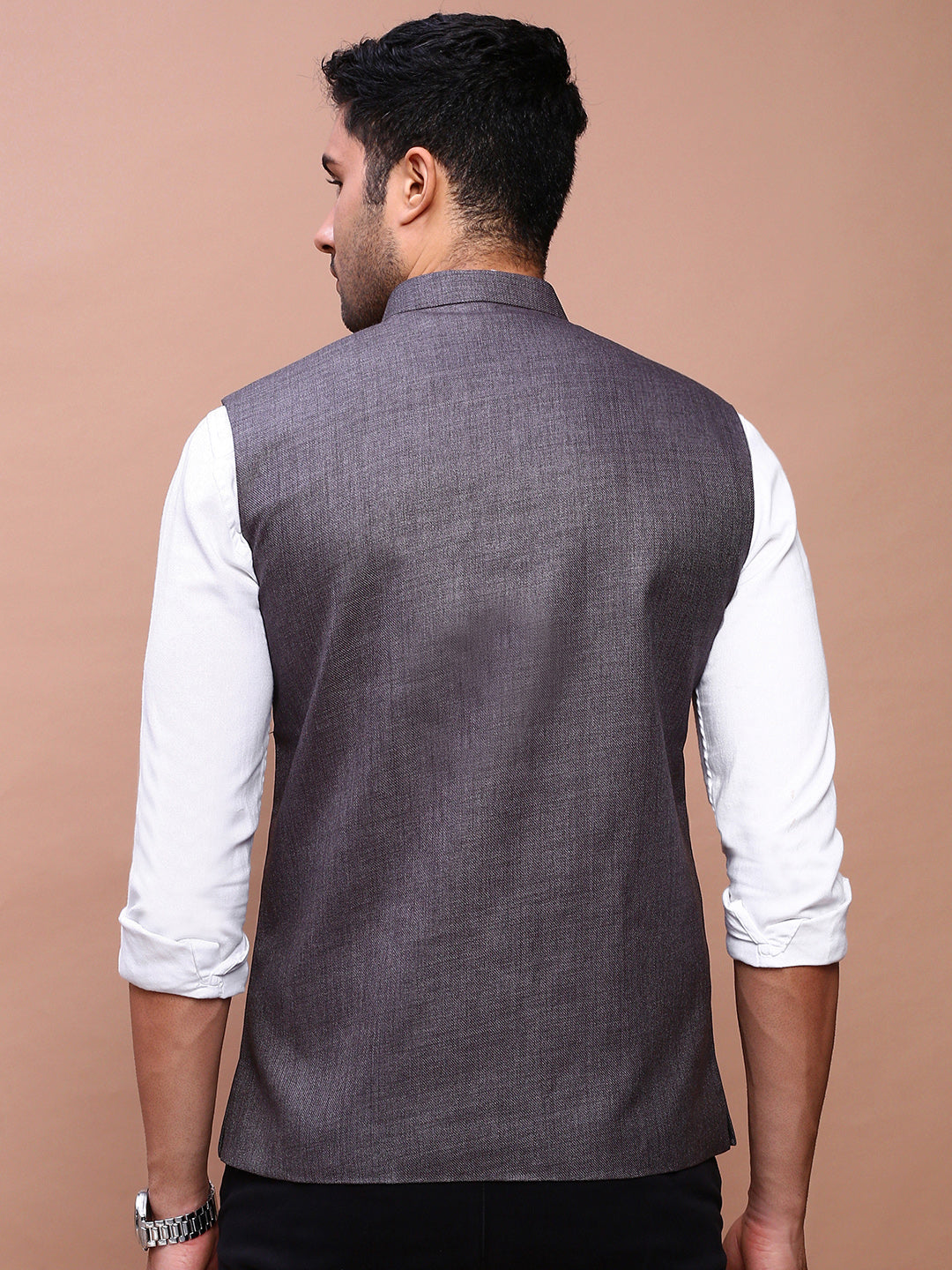 Men Solid Charcoal Slim Fit Nehru Jacket