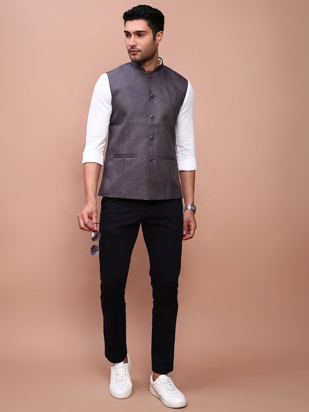 Men Solid Charcoal Slim Fit Nehru Jacket