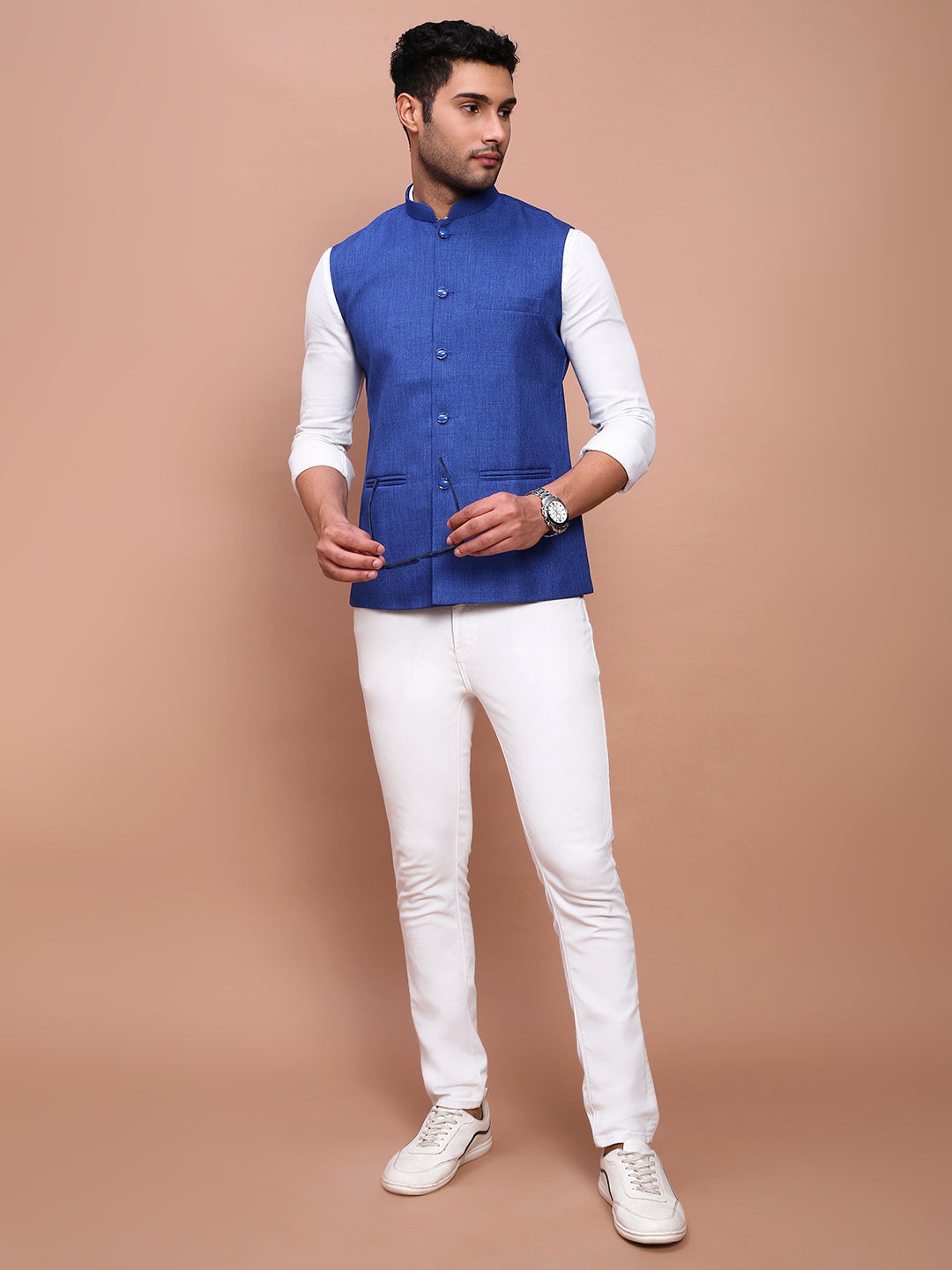 Men Solid Blue Slim Fit Nehru Jacket