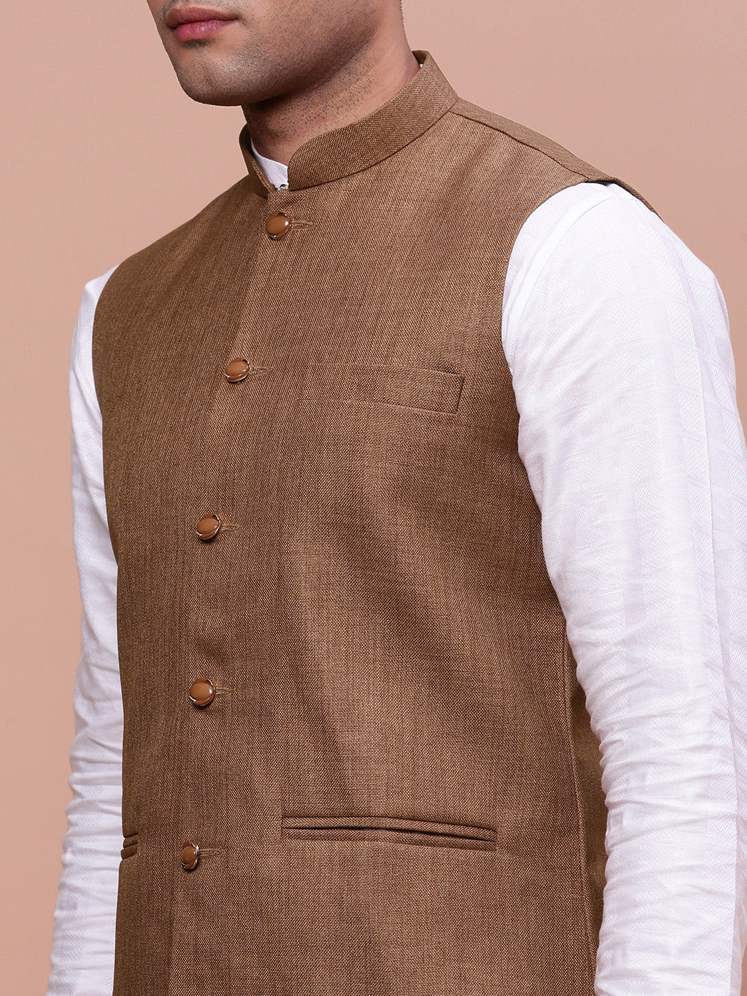 Men Solid Brown Slim Fit Nehru Jacket