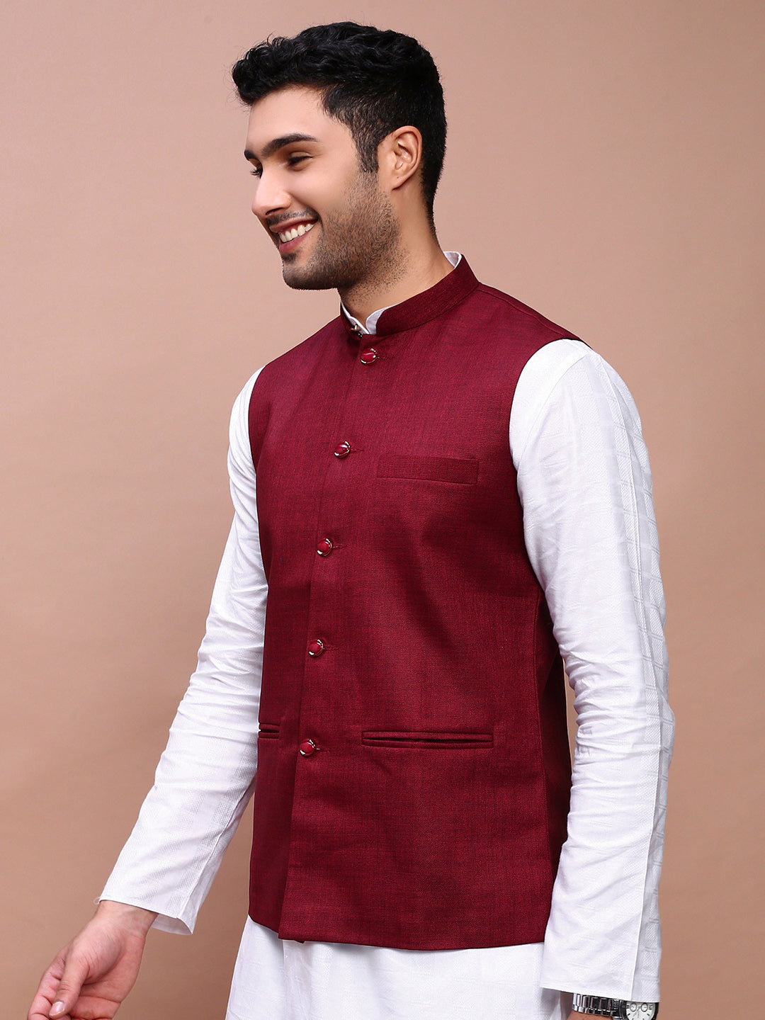 Men Solid Burgundy Slim Fit Nehru Jacket