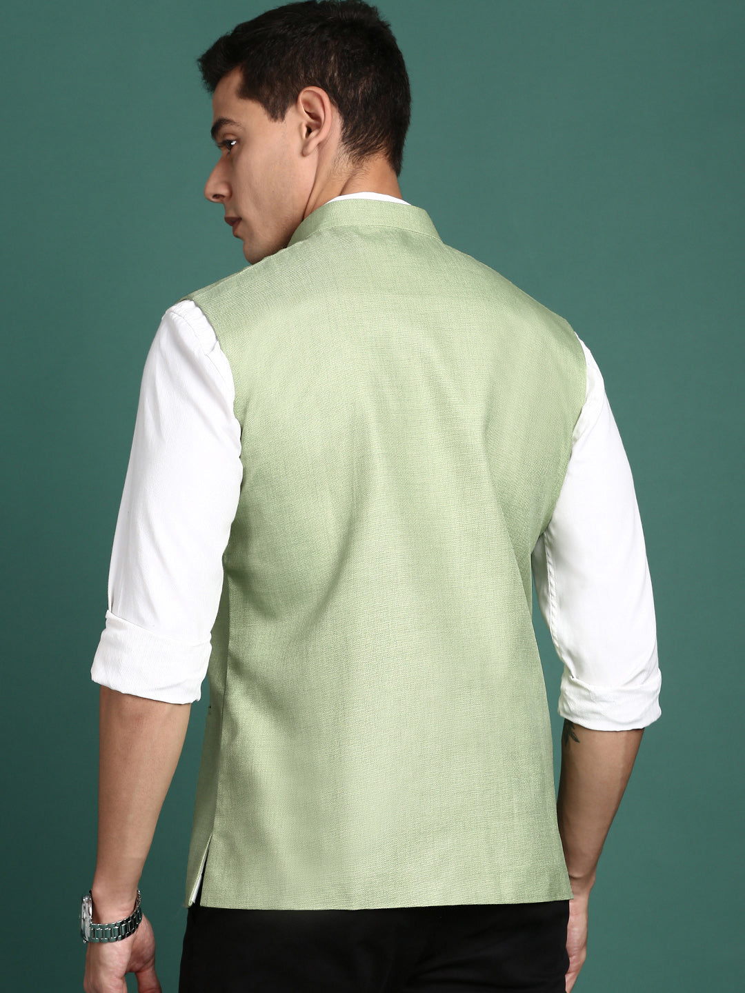 Men Solid Green Slim Fit Nehru Jacket