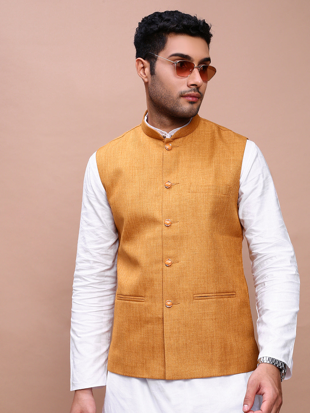 Men Solid Mustard Slim Fit Nehru Jacket