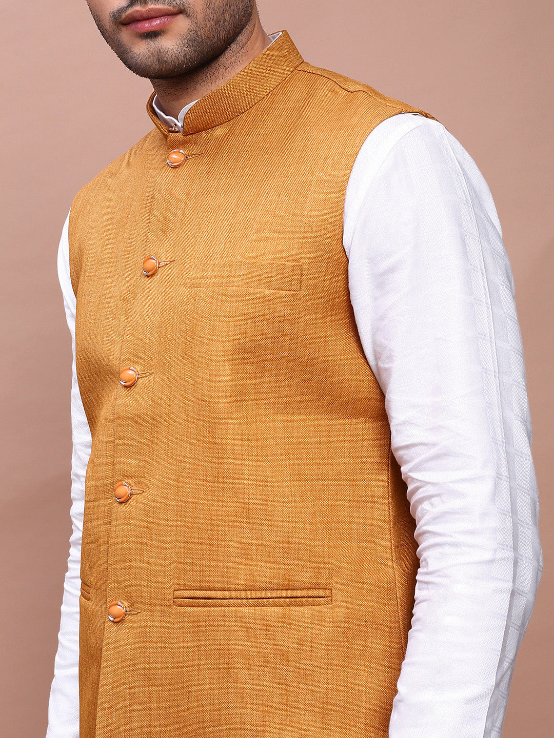 Men Solid Mustard Slim Fit Nehru Jacket