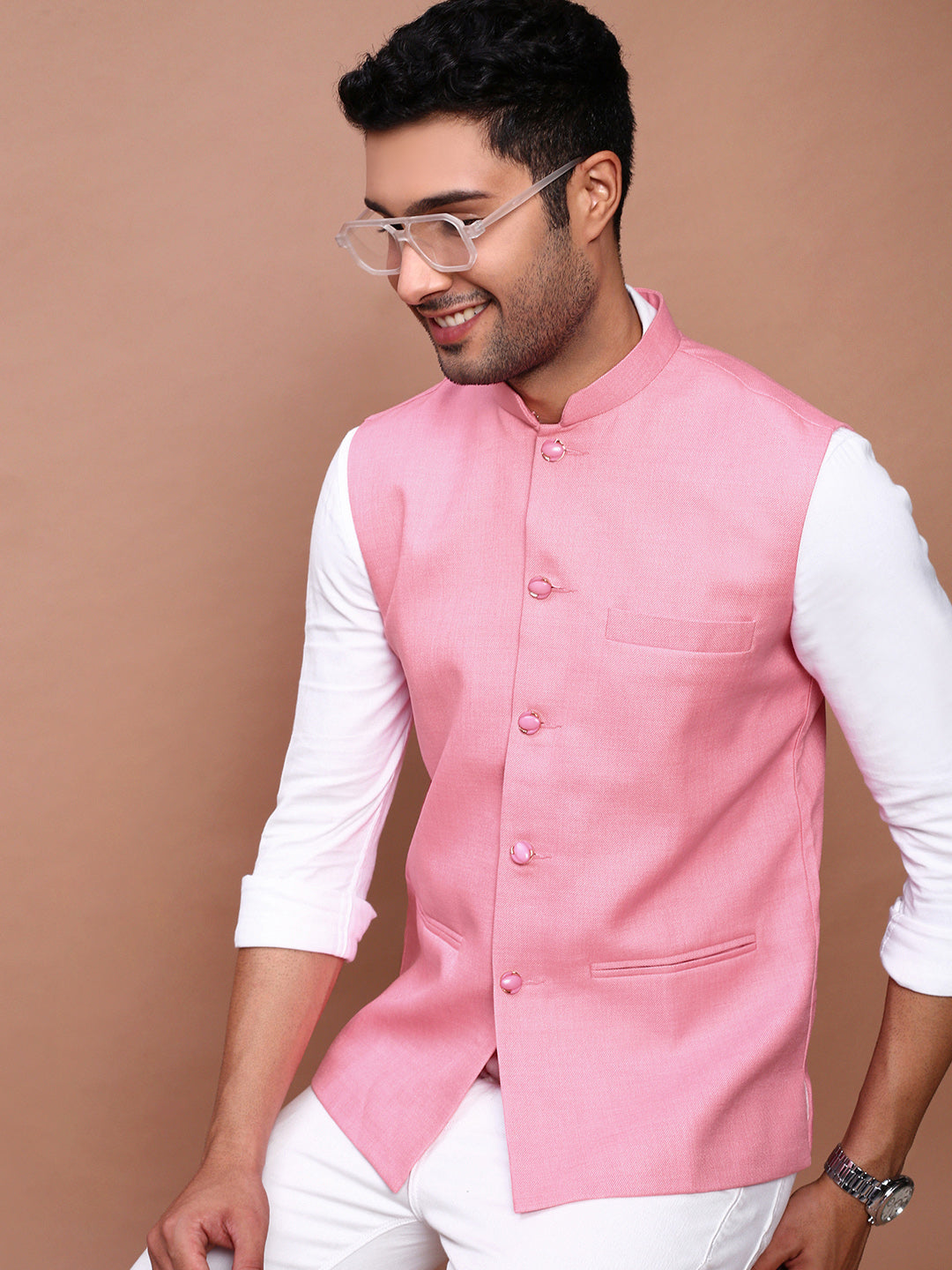 Men Solid Pink Slim Fit Nehru Jacket