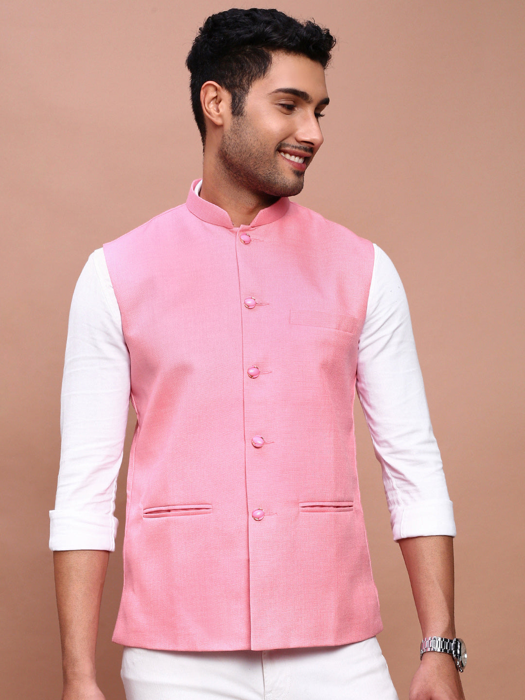 Men Solid Pink Slim Fit Nehru Jacket