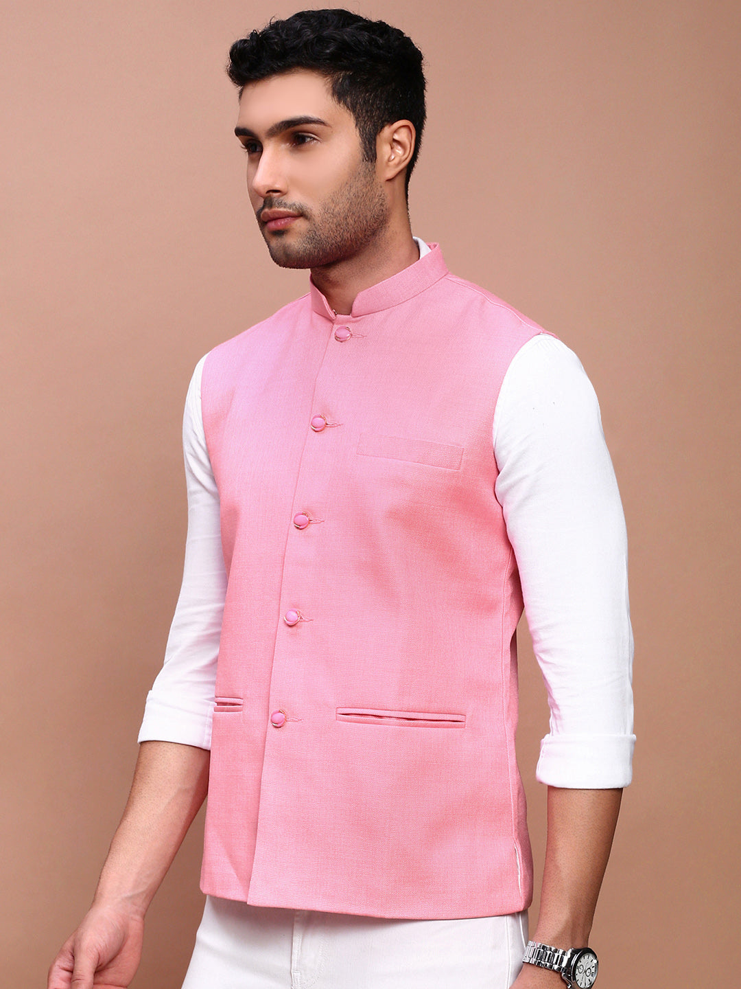 Men Solid Pink Slim Fit Nehru Jacket