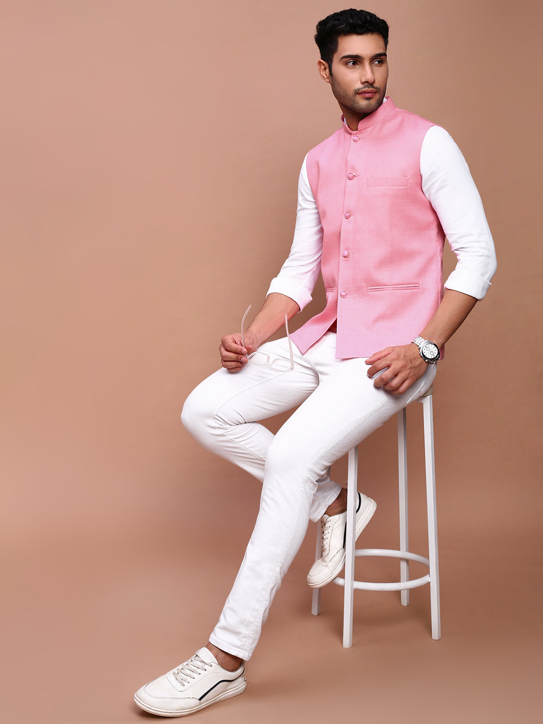 Men Solid Pink Slim Fit Nehru Jacket