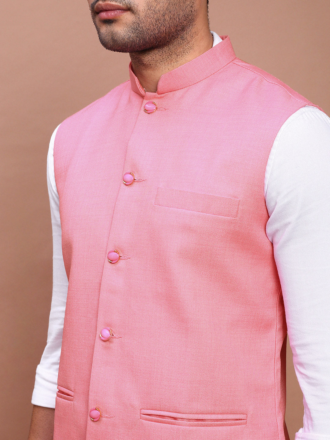 Men Solid Pink Slim Fit Nehru Jacket