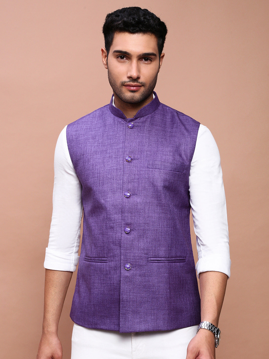 Men Solid Purple Slim Fit Nehru Jacket