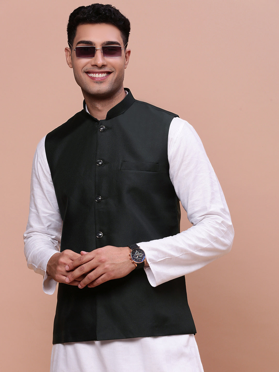 Men Solid Charcoal Slim Fit Nehru Jacket