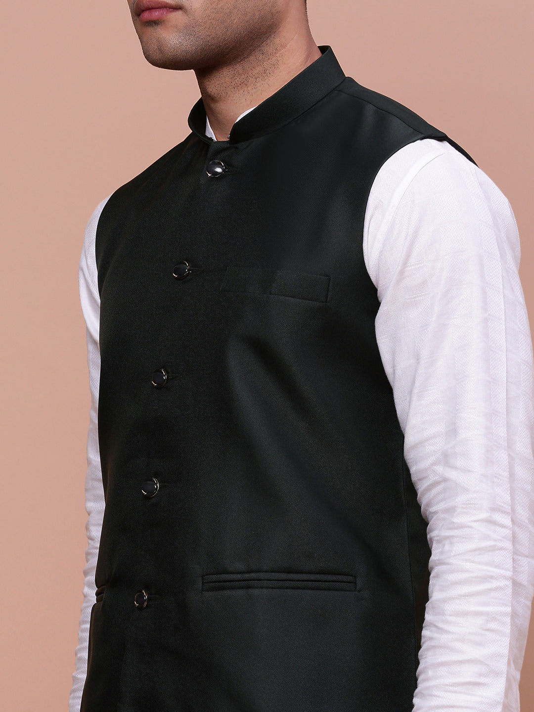 Men Solid Charcoal Slim Fit Nehru Jacket