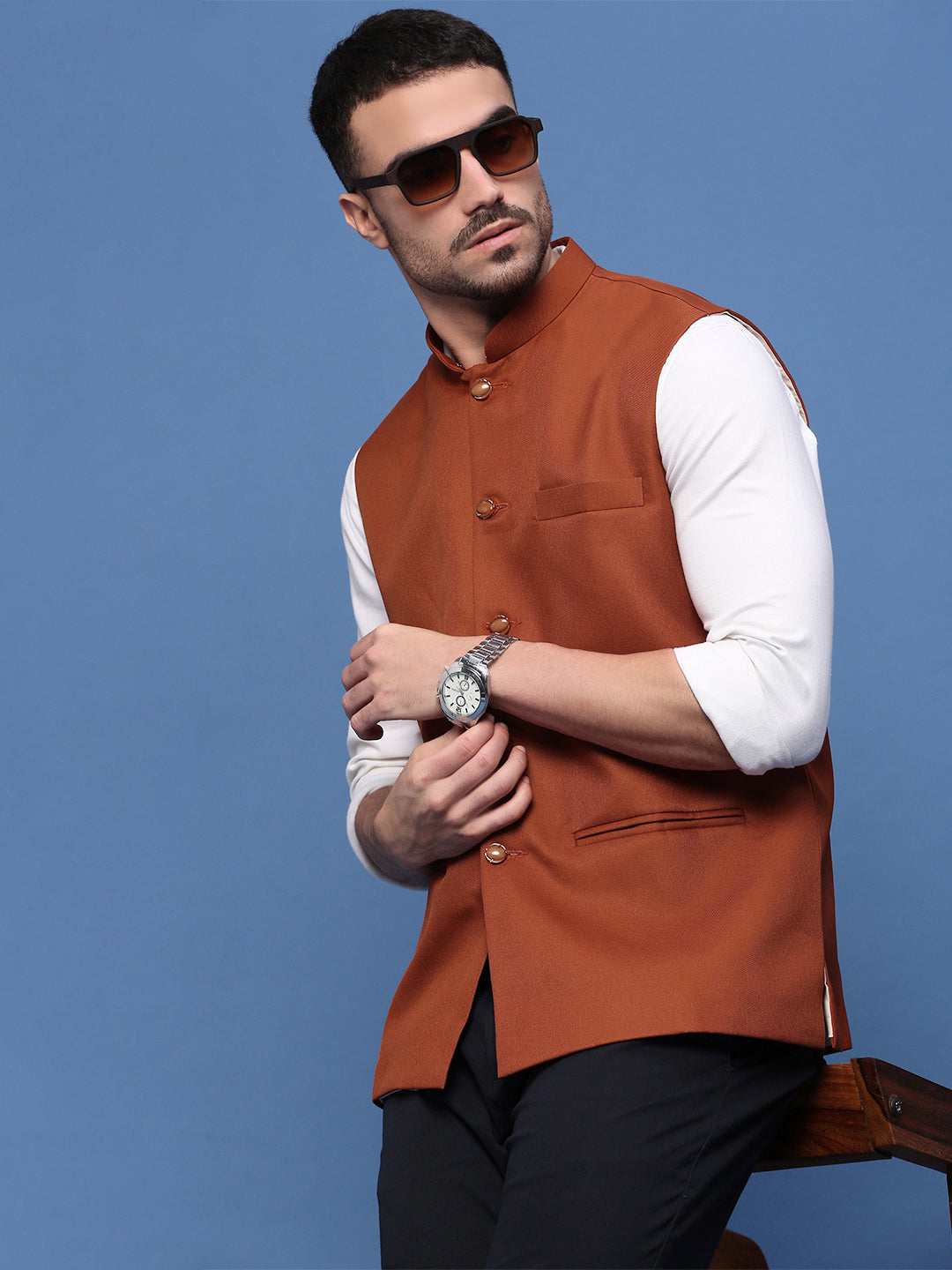 Men Solid Rust Slim Fit Nehru Jacket