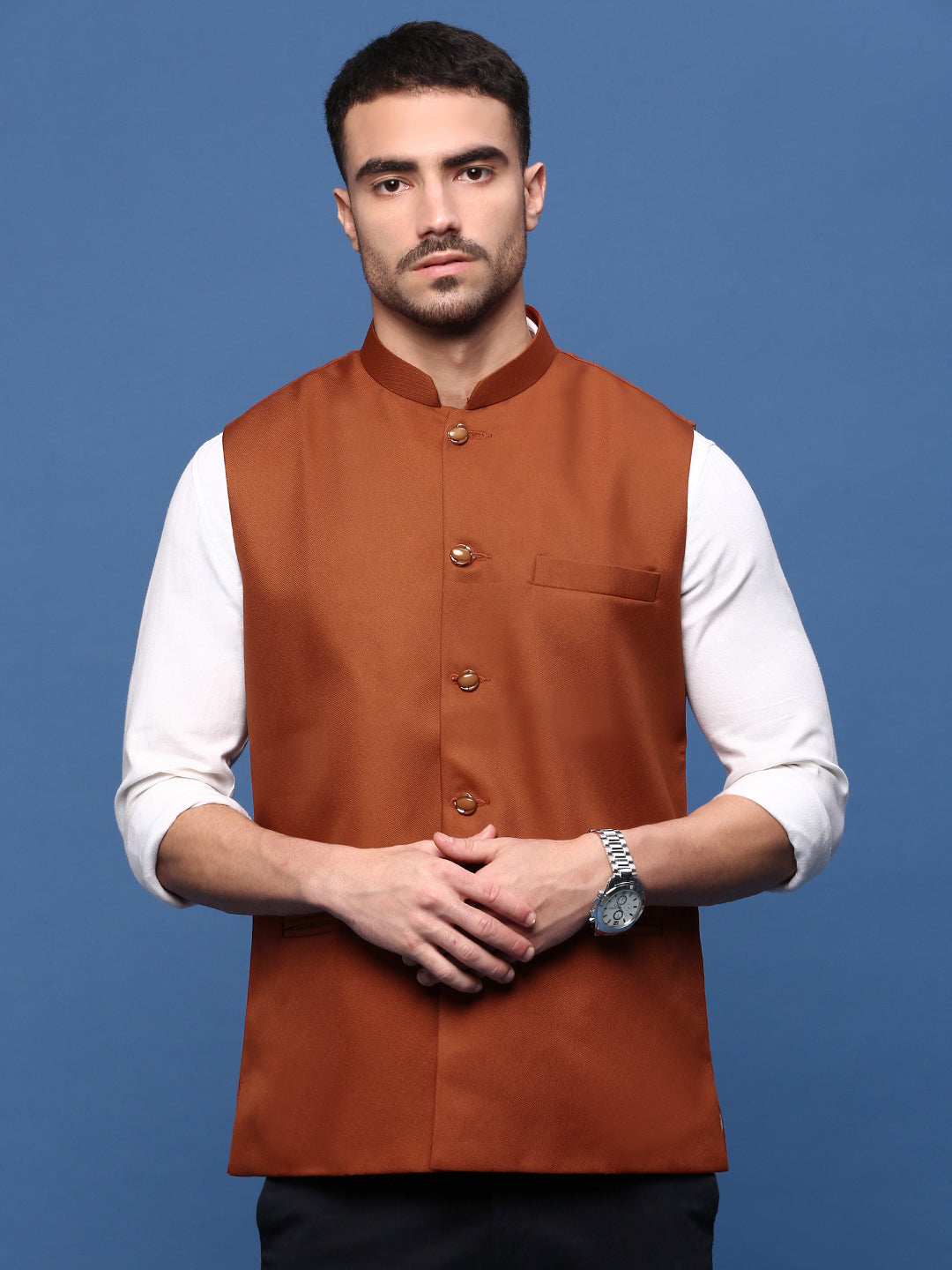 Men Solid Rust Slim Fit Nehru Jacket