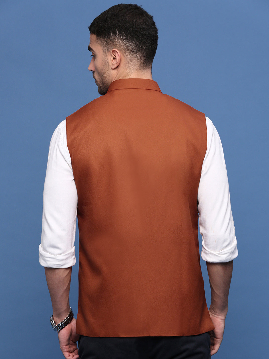 Men Solid Rust Slim Fit Nehru Jacket