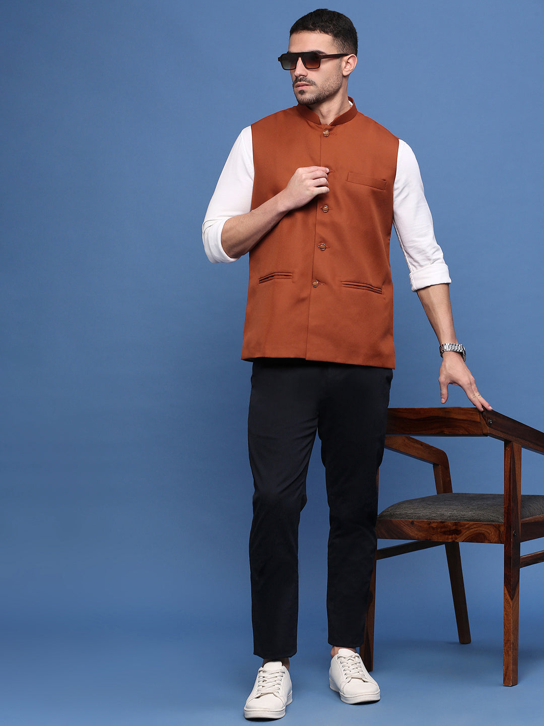 Men Solid Rust Slim Fit Nehru Jacket