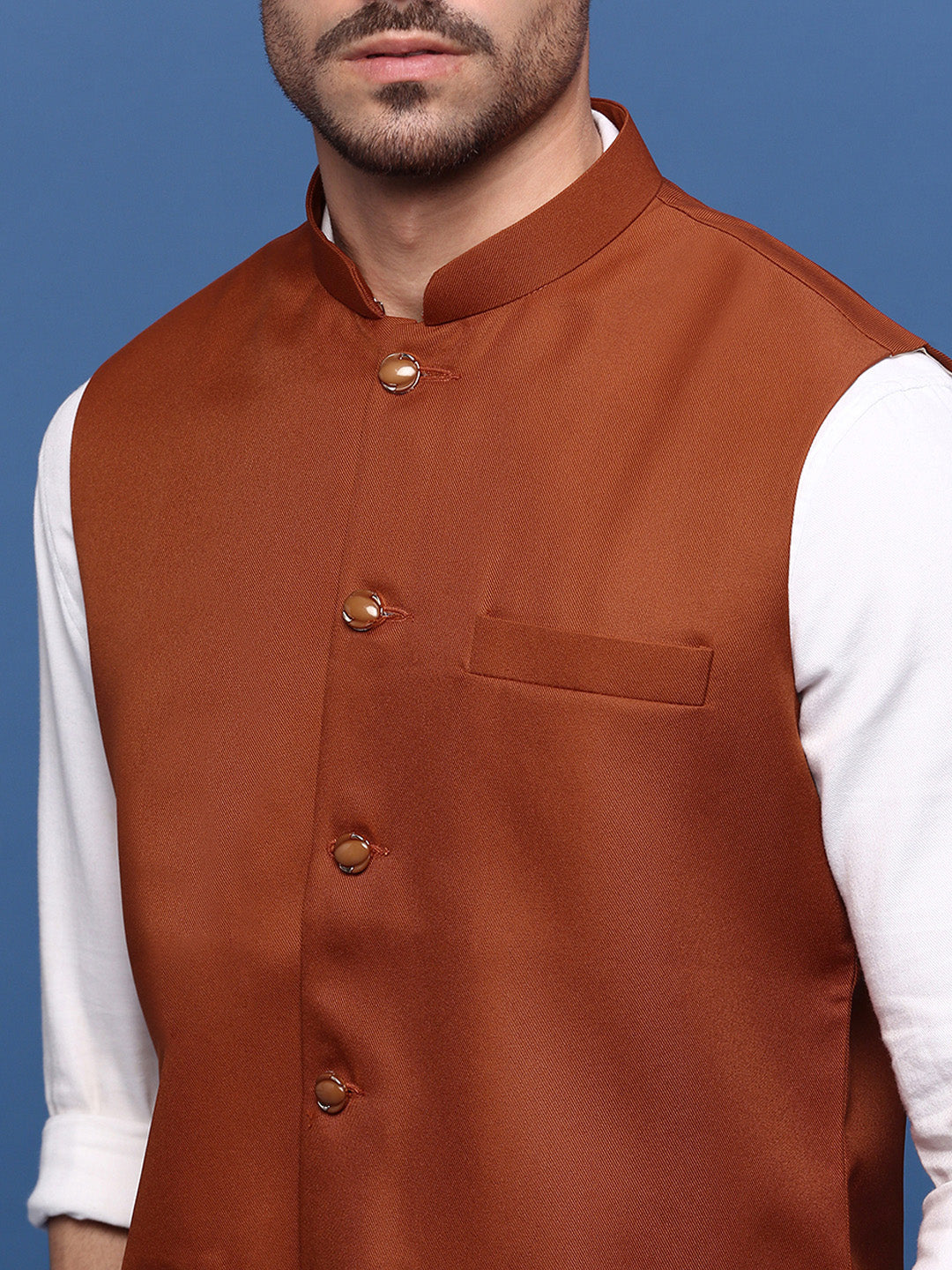 Men Solid Rust Slim Fit Nehru Jacket