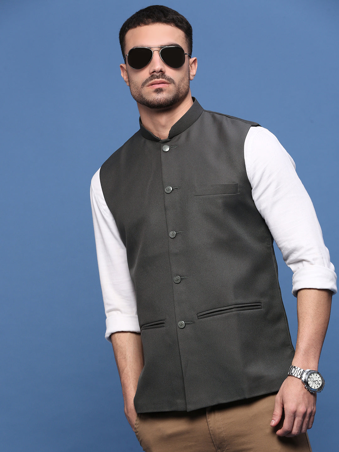 Men Solid Charcoal Slim Fit Nehru Jacket