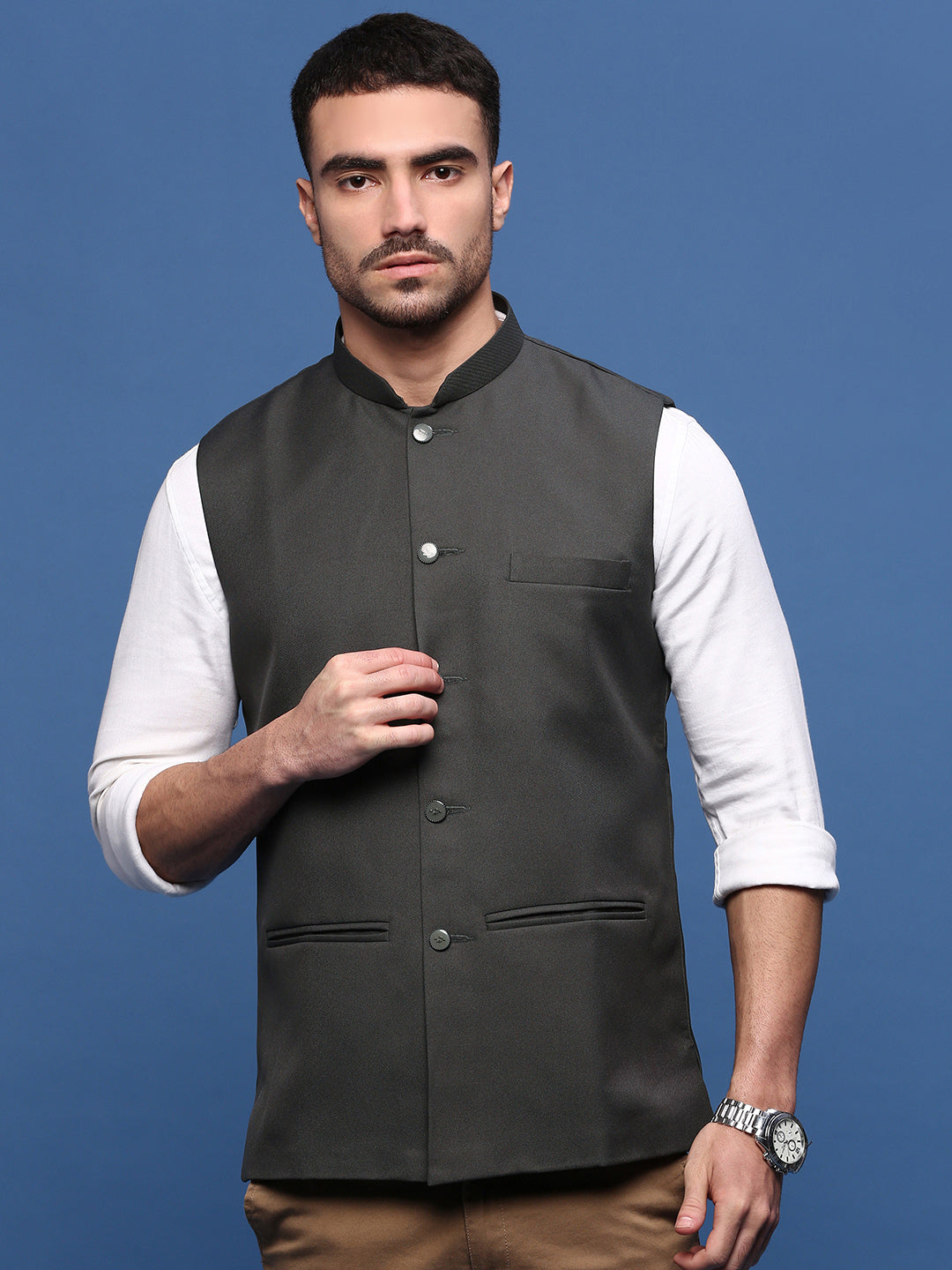 Men Solid Charcoal Slim Fit Nehru Jacket