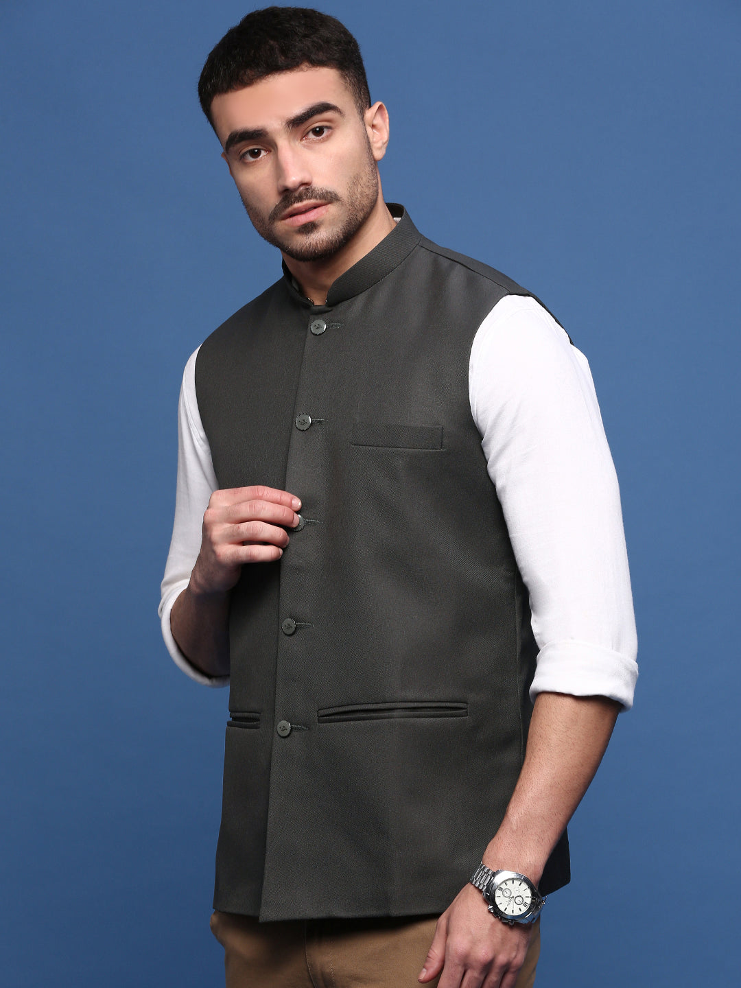 Men Solid Charcoal Slim Fit Nehru Jacket