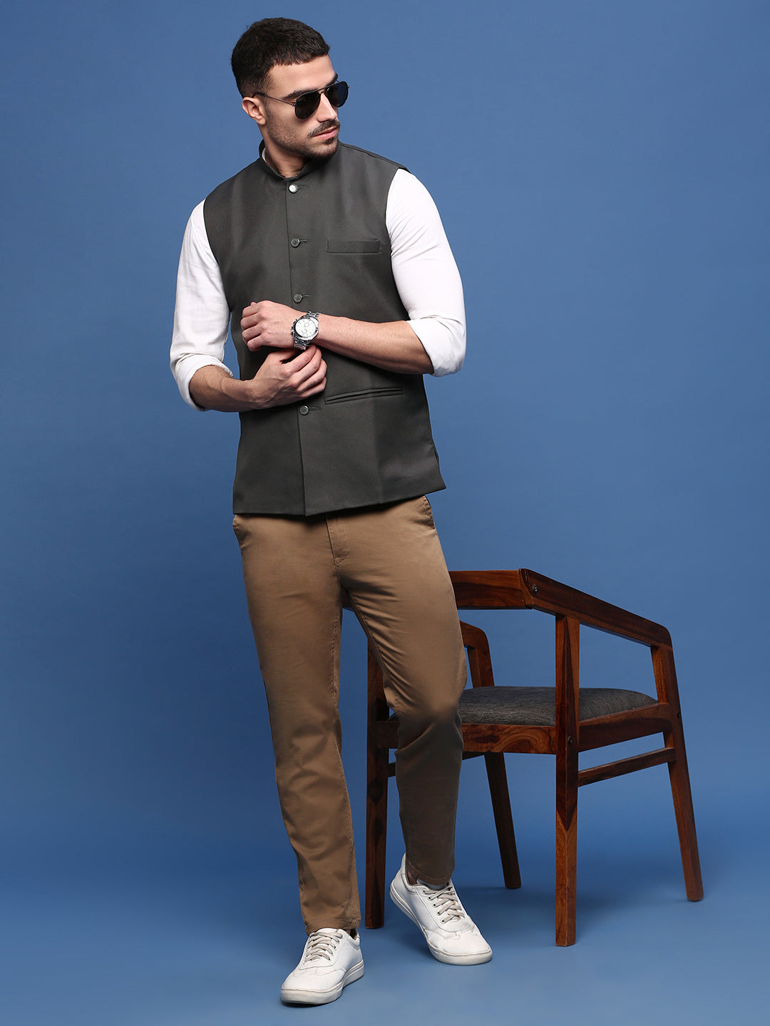 Men Solid Charcoal Slim Fit Nehru Jacket