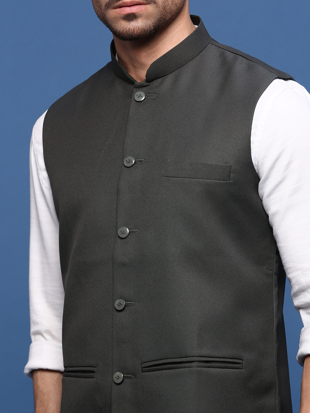 Men Solid Charcoal Slim Fit Nehru Jacket