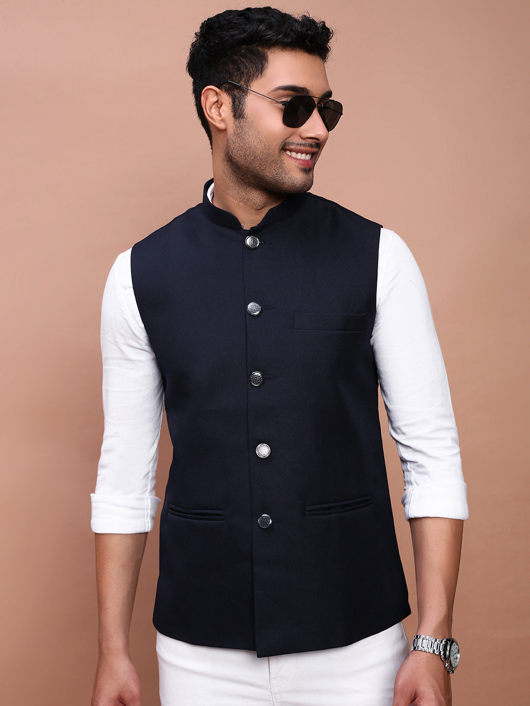 Men Solid Navy Blue Slim Fit Nehru Jacket