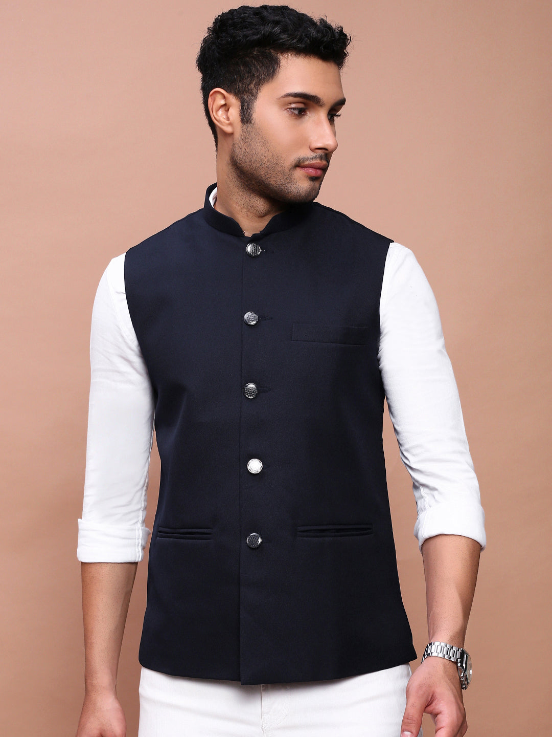 Men Solid Navy Blue Slim Fit Nehru Jacket