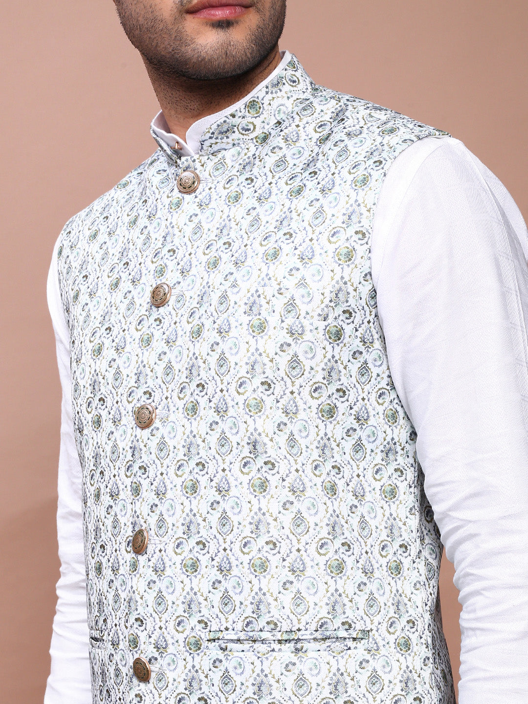 Men Printed Green Slim Fit Nehru Jacket